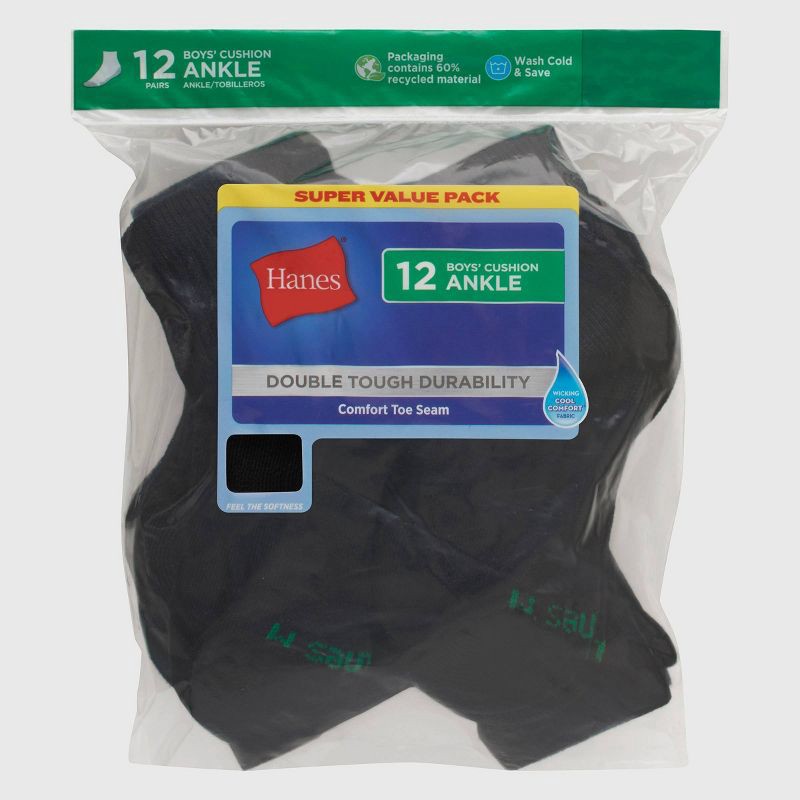 slide 2 of 5, Hanes Boys' 12pk Cushioned Ankle Athletic Socks - Black L, 12 ct
