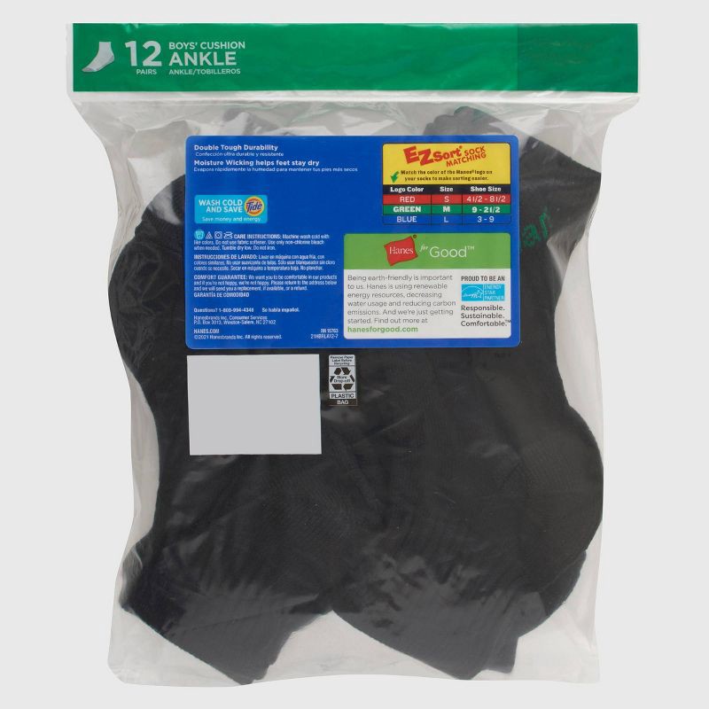 slide 3 of 6, Hanes Boys' 12pk Cushioned Ankle Athletic Socks - Black L, 12 ct