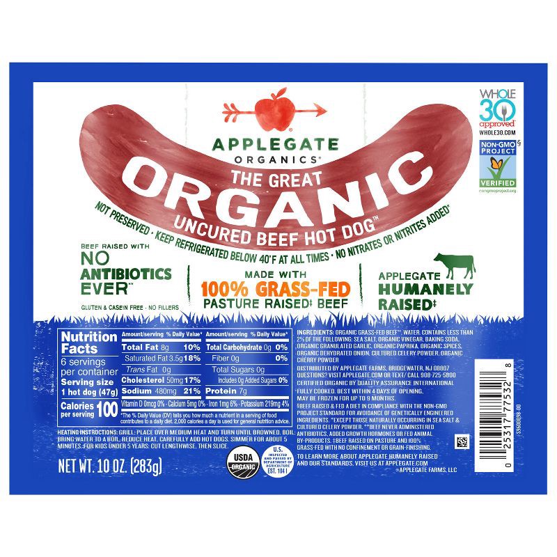 slide 1 of 4, Applegate Farms Applegate Grassfed The Great Organic Uncured Beef Hot Dog - 10oz, 10 oz