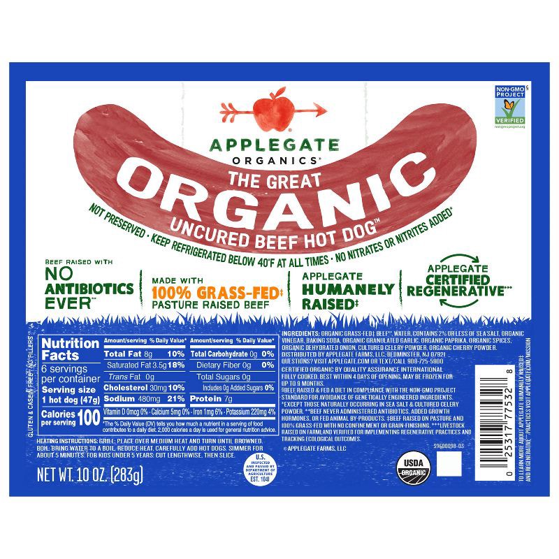 slide 1 of 4, Applegate Farms Applegate Grassfed The Great Organic Uncured Beef Hot Dog - 10oz, 10 oz