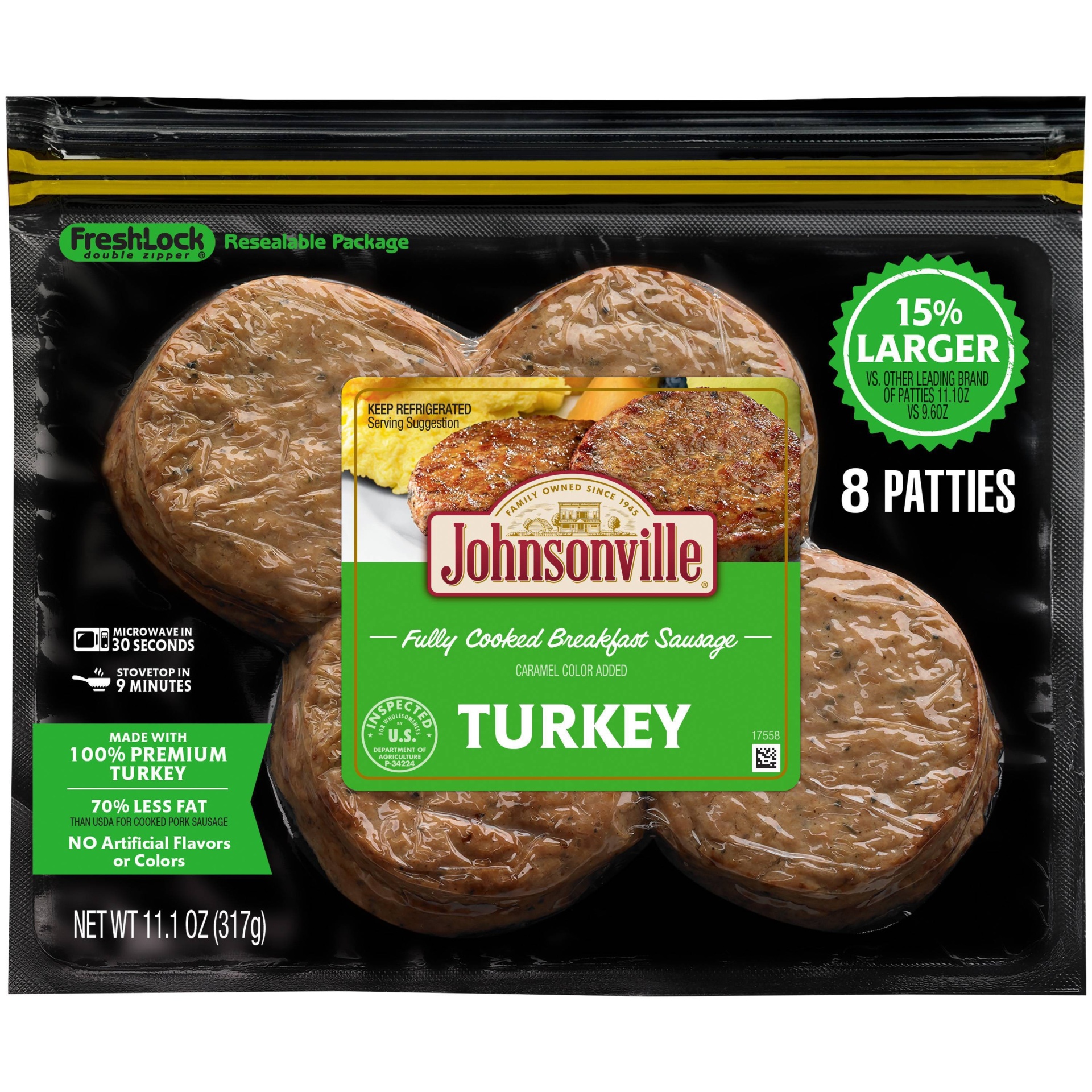 slide 1 of 3, Johnsonville Turkey Fully Cooked Breakfast Sausage Patties, 11.1 oz, 8 ct