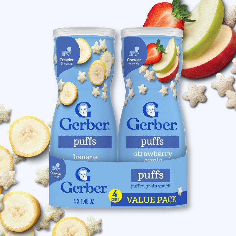slide 2 of 9, Gerber Baby Food Strawberry Apple & Banana Puffs Variety Pack Baby Snack - 4ct/1.48oz, 4 ct, 1.48 oz