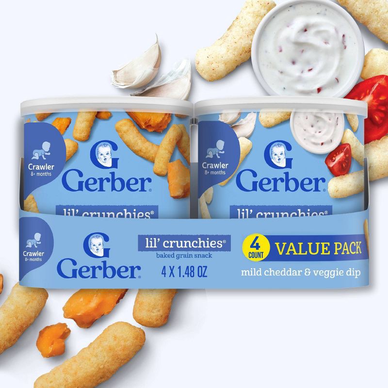 slide 2 of 9, Gerber Baby Food Mild Cheddar and Veggie Dip Crunchies Value Pack Baby Snack - 1.48oz/4pk, 1.48 oz, 4 ct