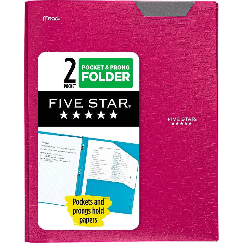 slide 1 of 8, Five Star 2 Pocket Plastic Folder with Prongs Pink, 1 ct