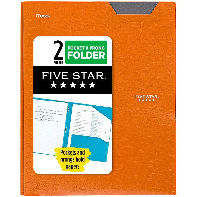 slide 1 of 8, Five Star 2 Pocket Plastic Folder with Prongs Orange, 1 ct