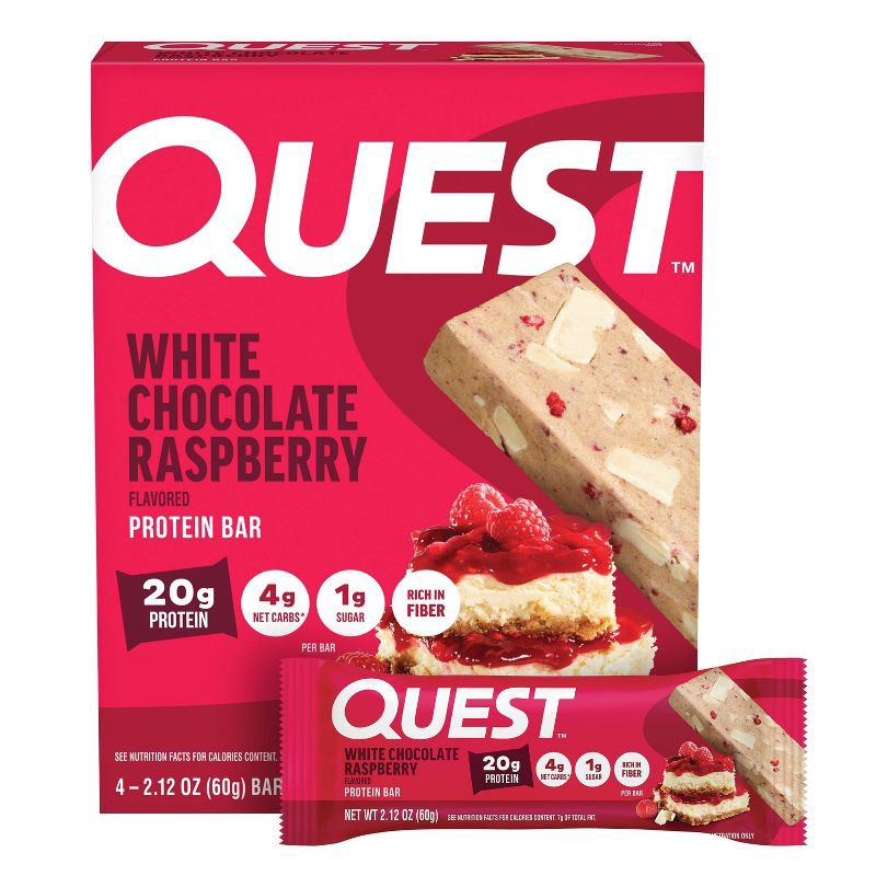 slide 1 of 6, Quest Nutrition White Chocolate Raspberry Whey Protein Bars - 20g Protein - 4ct: Chewy, Ready-to-Eat Snack, 20 gram, 4 ct