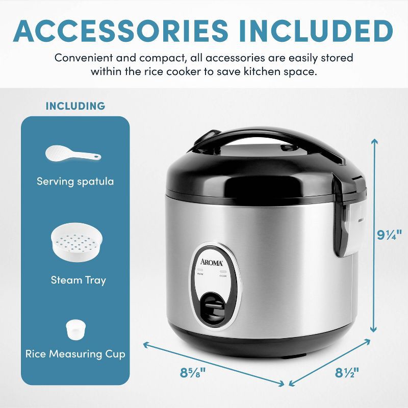 slide 8 of 10, Aroma 8 Cup Rice Cooker Stainless Steel ARC-904SB: Digital Rice Maker, Automatic Shut-Off, Reheat & Steam Functions, 1 ct