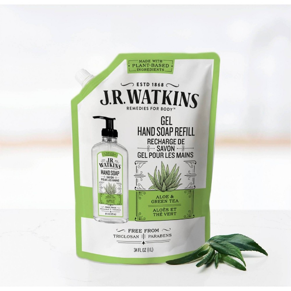 slide 2 of 3, J.R. Watkins Aloe & Green Tea Gel Hand Soap Refill, 34 fl oz
