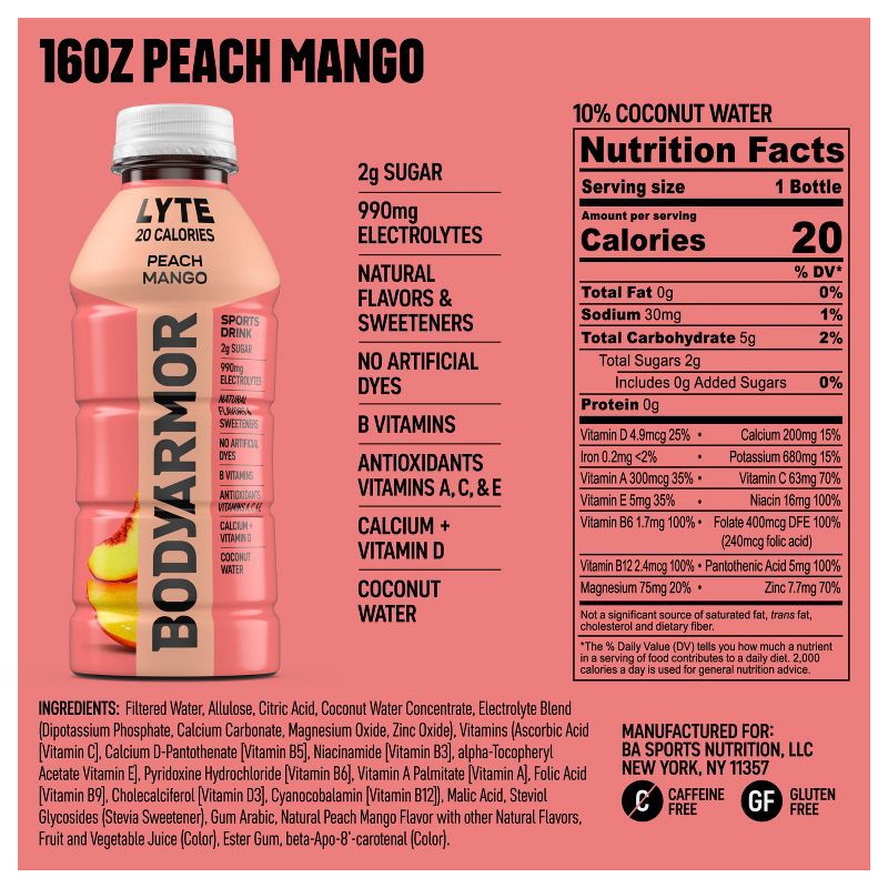 slide 6 of 6, BODYARMOR LYTE Peach Mango - 16 fl oz Bottle, 16 fl oz