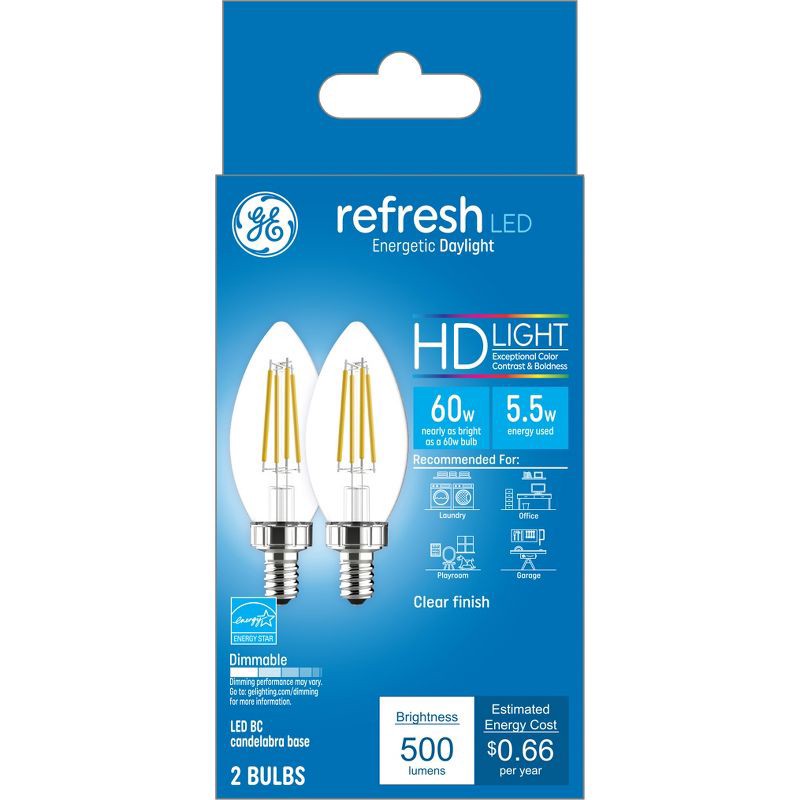 slide 1 of 8, GE Household Lighting GE 2pk 60W Refresh HD LED Decorative Light Bulbs Daylight: Candelabra E12 Base, Dimmable, Energy Star Certified, 2 ct