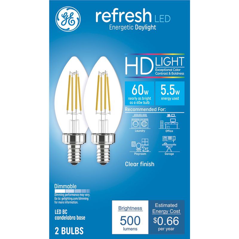 slide 1 of 8, GE Household Lighting GE 2pk 60W Refresh HD LED Decorative Light Bulbs Daylight: Candelabra E12 Base, Dimmable, Energy Star Certified, 2 ct