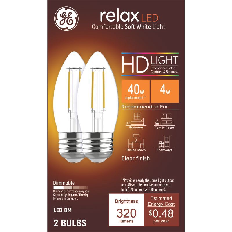 slide 1 of 7, GE Household Lighting GE 2pk 40W Relax LED Decorative Light Bulbs Soft White, 2 ct