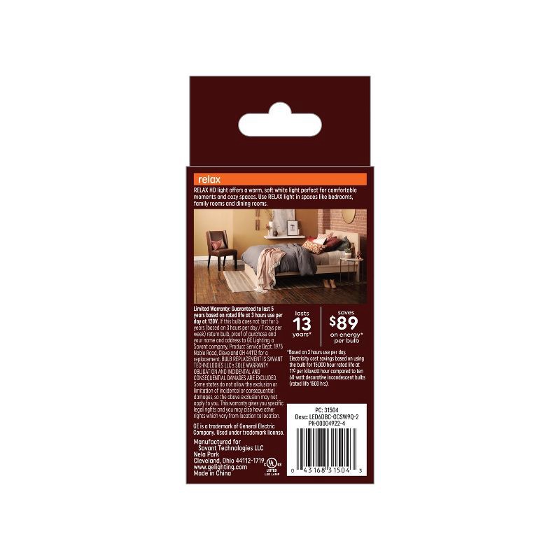 slide 2 of 4, GE Household Lighting GE 2pk 60W Relax LED Decorative Light Bulbs Soft White, 2 ct