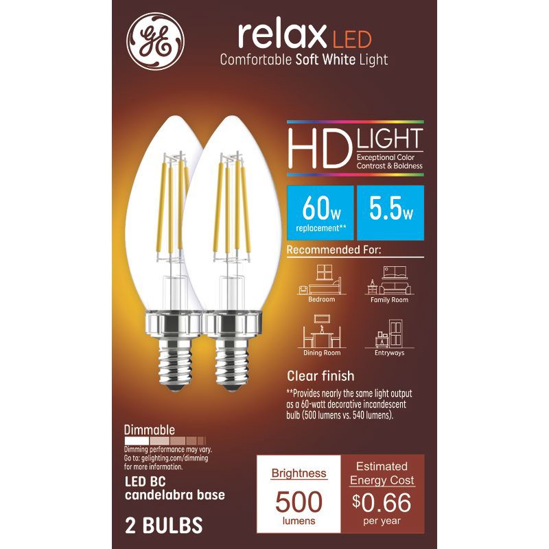 slide 1 of 5, GE Household Lighting GE 2pk 60W Relax LED Decorative Light Bulbs Soft White: E12 Candelabra Base, Dimmable, Energy Star, 500 Lumens, 2700K, 2 ct