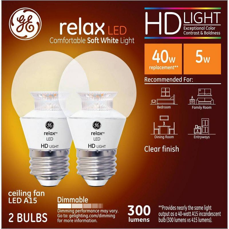 slide 1 of 4, General Electric GE 2pk 40W Equivalent Relax LED HD Ceiling Fan Light Bulbs Soft White, 2 ct