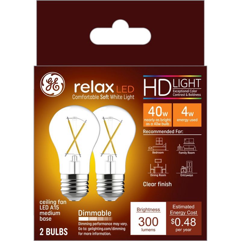 slide 1 of 5, GE Household Lighting GE 2pk 40W Relax A15 LED Ceiling Fan Light Bulbs Soft White Clear: Warm Dimmable, 13.7-Year Life, E26 Base, 2 ct