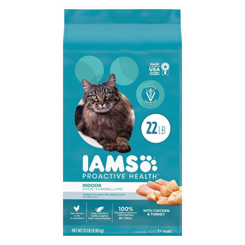 slide 1 of 11, IAMS Proactive Health Indoor Weight Control & Hairball Care with Chicken & Turkey Adult Premium Dry Cat Food - 22lbs, 22 lb