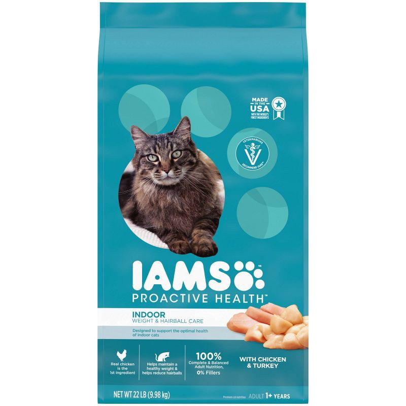 slide 1 of 10, IAMS Proactive Health Indoor Weight Control & Hairball Care with Chicken & Turkey Adult Premium Dry Cat Food - 22lbs, 22 lb