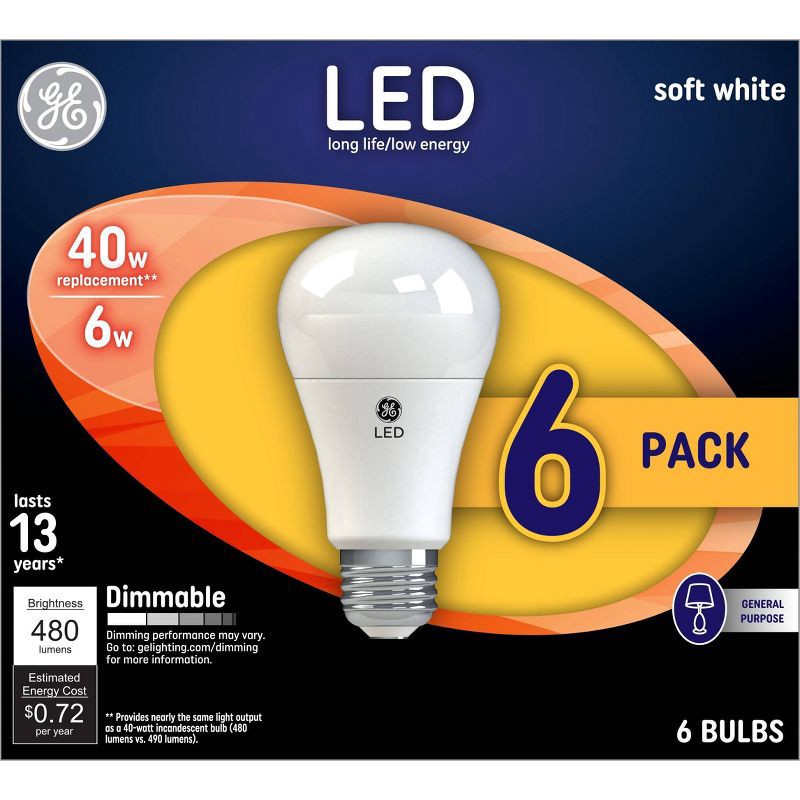 slide 4 of 5, GE Household Lighting GE 6pk 40W Soft White A19 LED Light Bulb: Dimmable, Energy Star Certified, 2700K, 480 Lumens, E26 Base, 13.7-Year Life, 6 ct