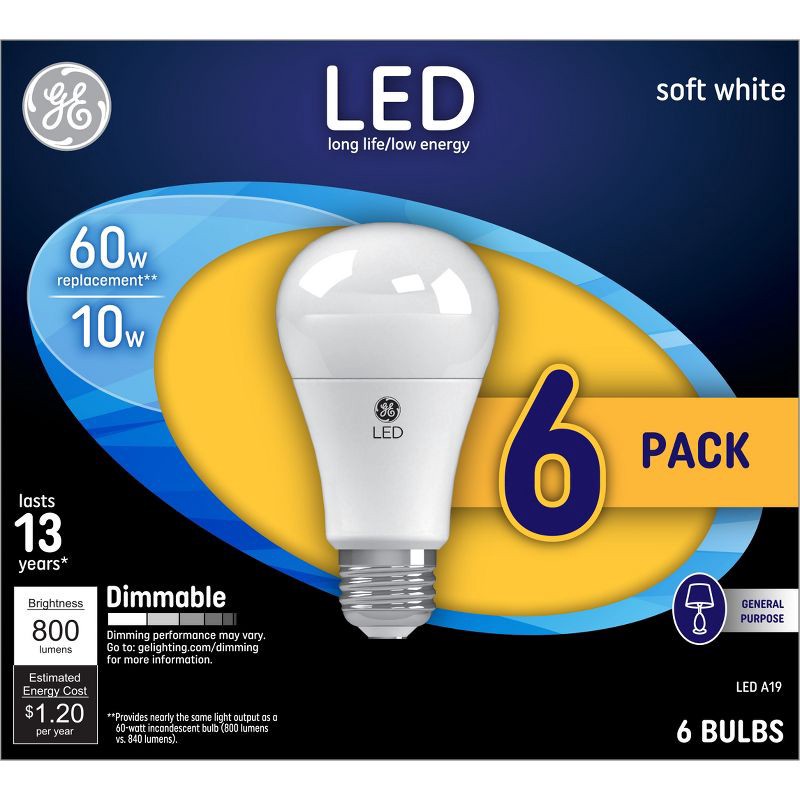 slide 1 of 3, GE Household Lighting GE 6pk 60W Soft White A19 LED Light Bulb, 6 ct