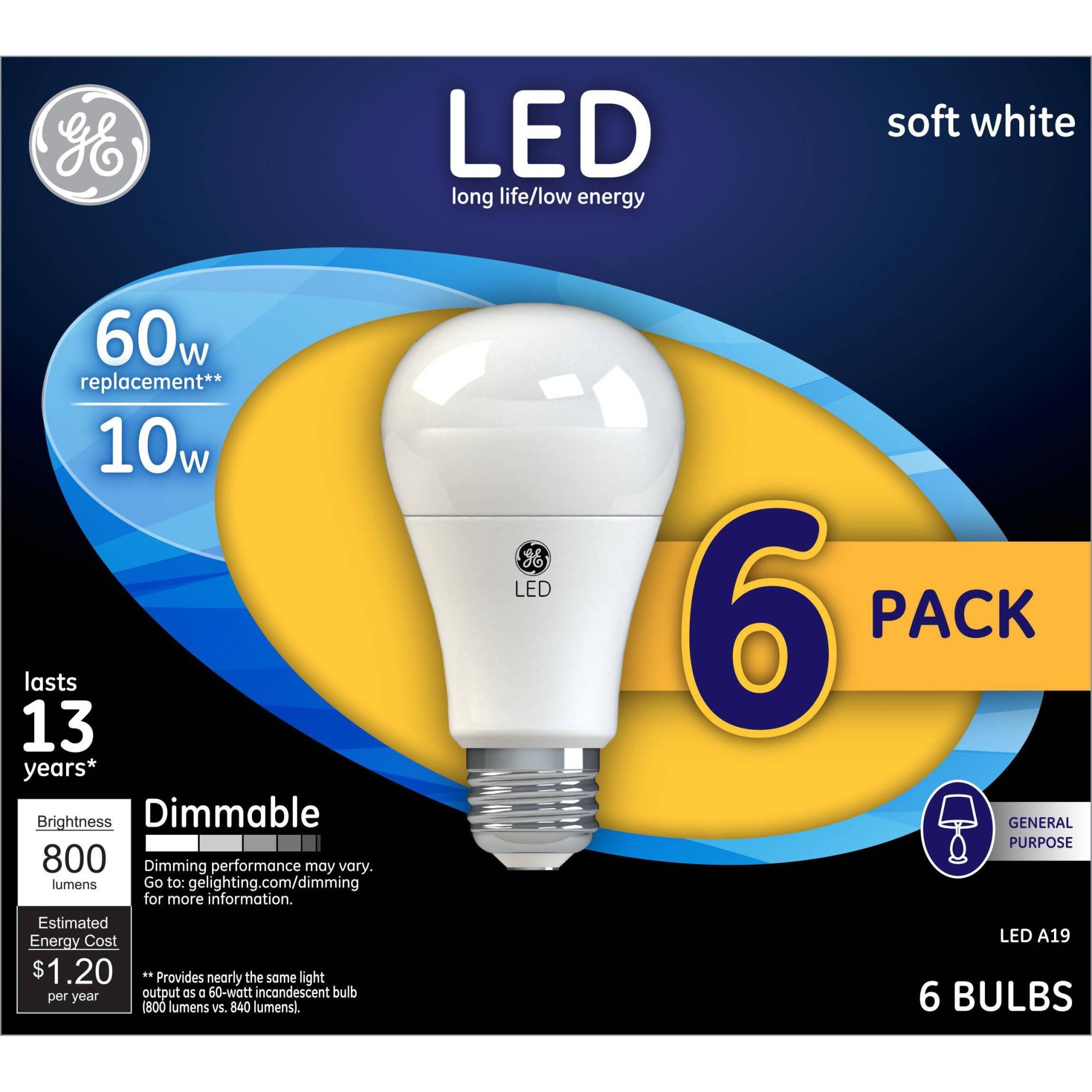 slide 1 of 3, GE Household Lighting GE 6 pk 60W A19 LED Light Bulb White, 6 ct