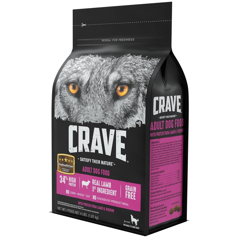 slide 4 of 4, Crave Grain Free High Protein with Protein from Lamb and Venison Adult Premium Dry Dog Food - 4lbs, 4 lb