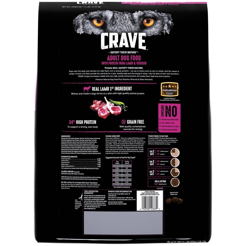 slide 4 of 4, Crave Grain Free High Protein with Protein from Lamb and Venison Adult Premium Dry Dog Food - 12lbs, 12 lb