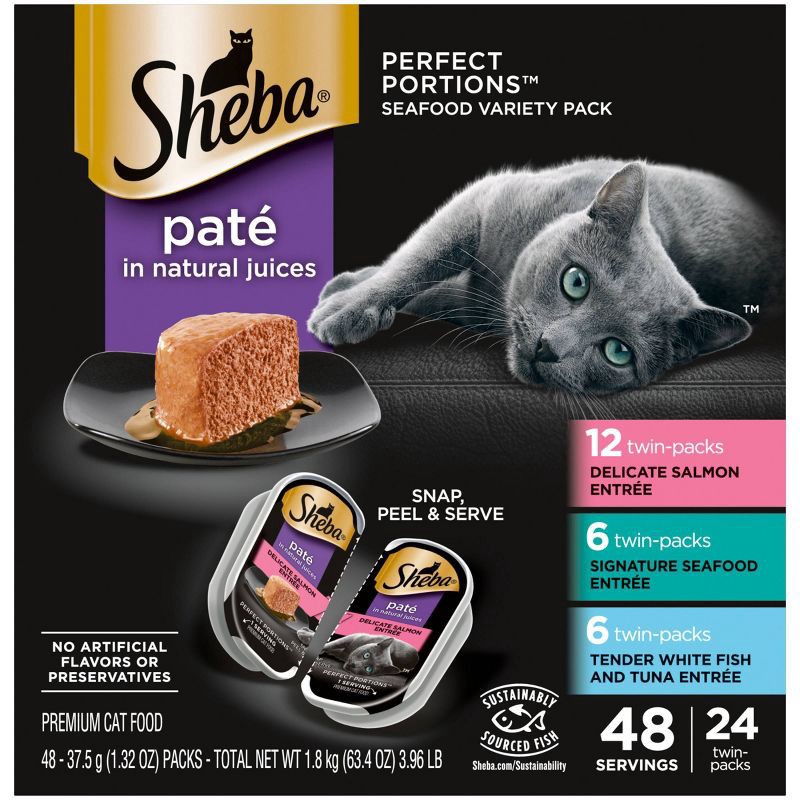 slide 2 of 9, Sheba Perfect Paté Portions In Natural Juices Seafood Premium Adult Wet Cat Food - 2.6oz/24ct Variety Pack, 2.6 oz, 24 ct