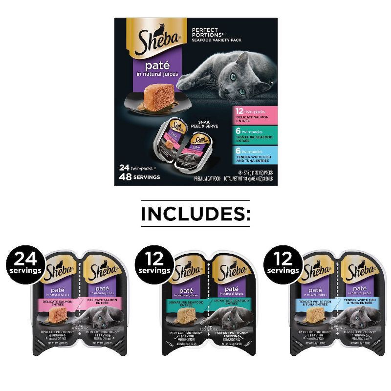 slide 6 of 9, Sheba Perfect Paté Portions In Natural Juices Seafood Premium Adult Wet Cat Food - 2.6oz/24ct Variety Pack, 2.6 oz, 24 ct