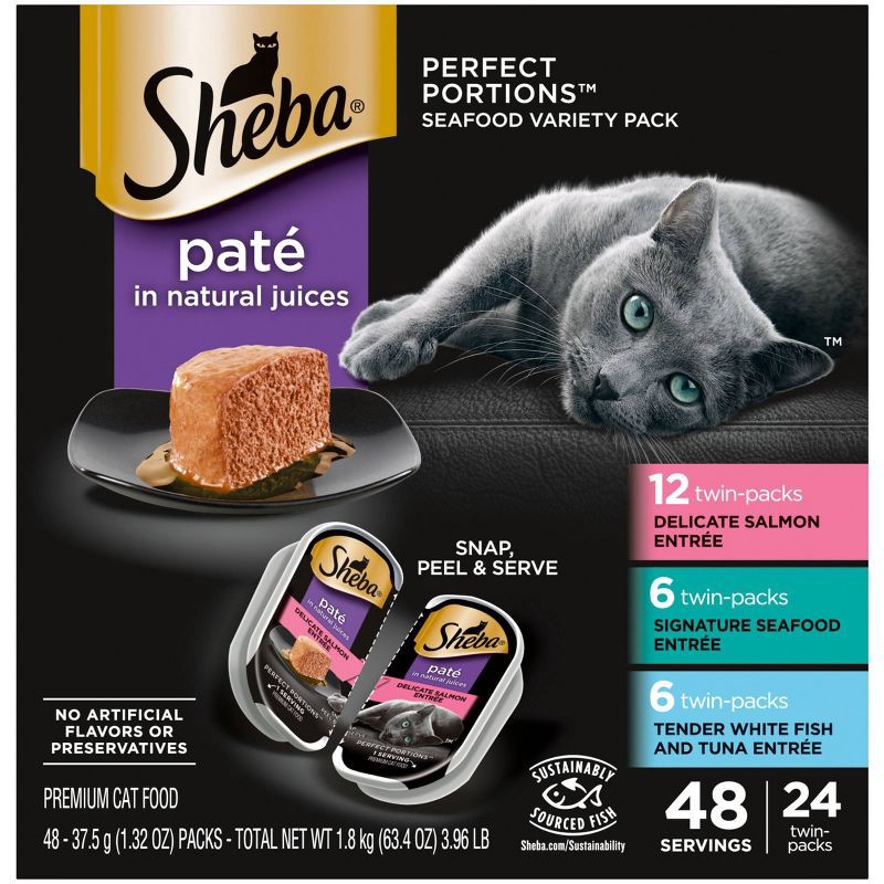 slide 1 of 9, Sheba Perfect Paté Portions In Natural Juices Seafood Premium Adult Wet Cat Food - 2.6oz/24ct Variety Pack, 2.6 oz, 24 ct