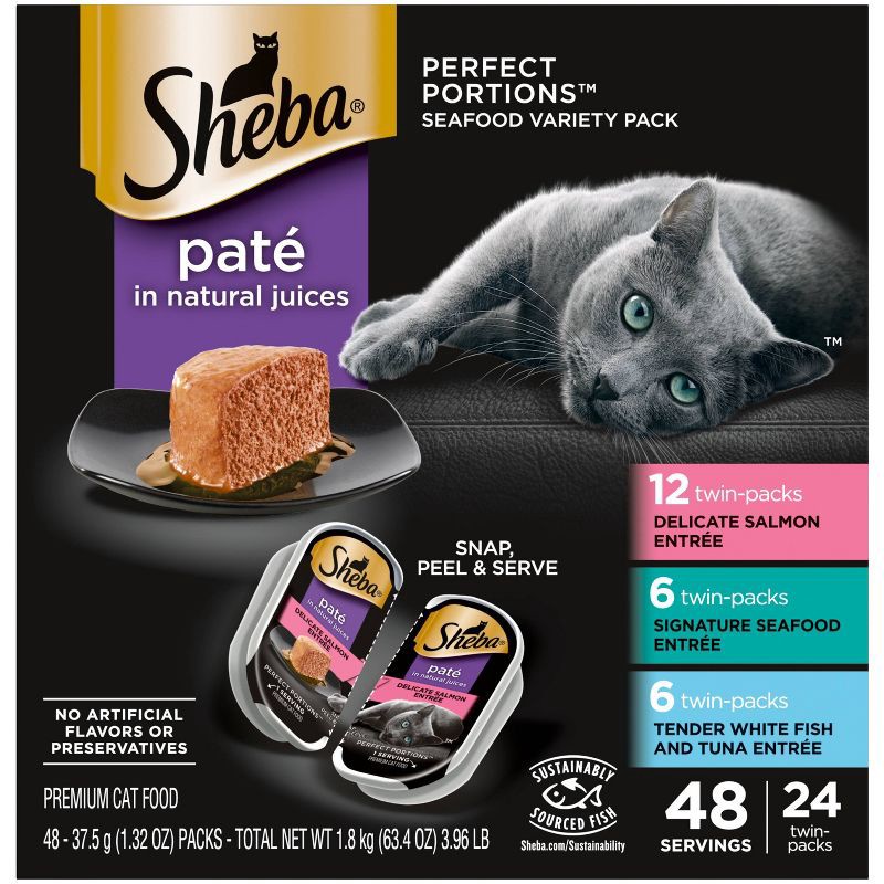 slide 1 of 8, Sheba Perfect Portions Paté In Natural Juices Seafood Premium Adult Wet Cat Food - 2.6oz/24ct Variety Pack, 2.6 oz, 24 ct