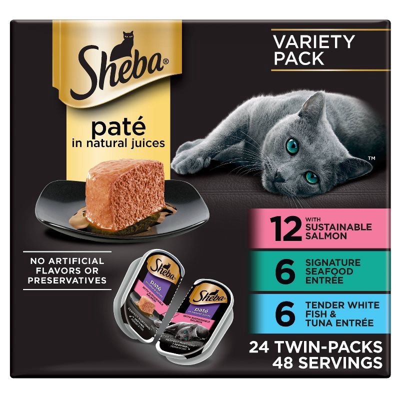 slide 1 of 13, Sheba Perfect Portions Fish, Salmon, Seafood and Tuna Flavor Variety Pack Pate Wet Cat Food - 2.6oz/24ct, 2.6 oz, 24 ct