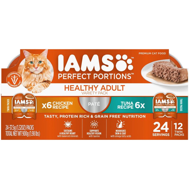 slide 1 of 11, IAMS Perfect Portions Grain Free Paté Chicken & Tuna Recipes Premium Adult Wet Cat Food - 2.6oz/12ct Variety Pack, 2.6 oz, 12 ct