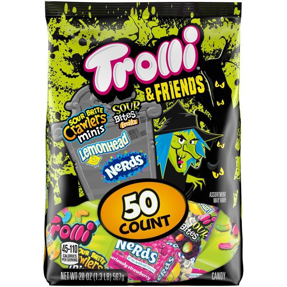 slide 1 of 1, Trolli Ferrara Candy Company Trolli & Friends Halloween Candy Variety Pack, Sour Brite Crawlers Minis, Sour Bites Fruitz, Lemonhead & Nerds - 50Ct, 20 oz