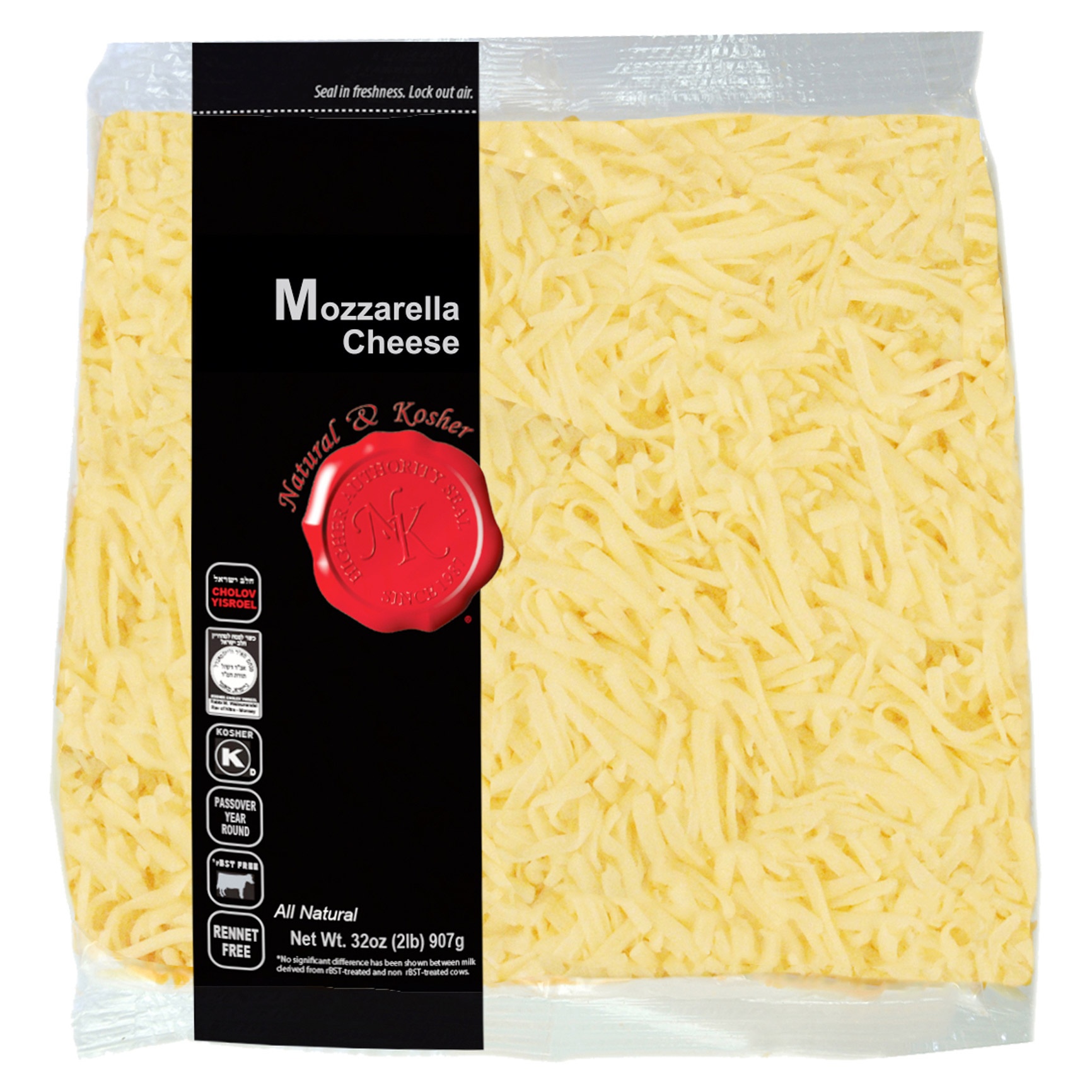 slide 1 of 1, Natural & Kosher Shredded Mozzarella Cheese, 32 oz