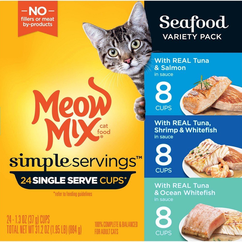 slide 2 of 8, Meow Mix Simple Servings Seafood In Sauce Wet Cat Food - 1.3oz/24ct Variety Pack, 1.3 oz, 24 ct