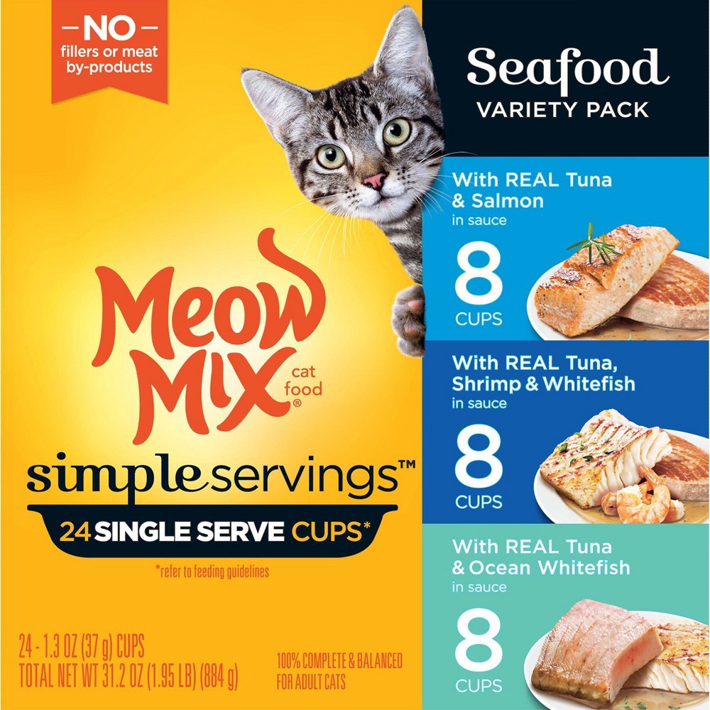 slide 3 of 8, Meow Mix Simple Servings Seafood In Sauce Wet Cat Food - 1.3oz/24ct Variety Pack, 1.3 oz, 24 ct
