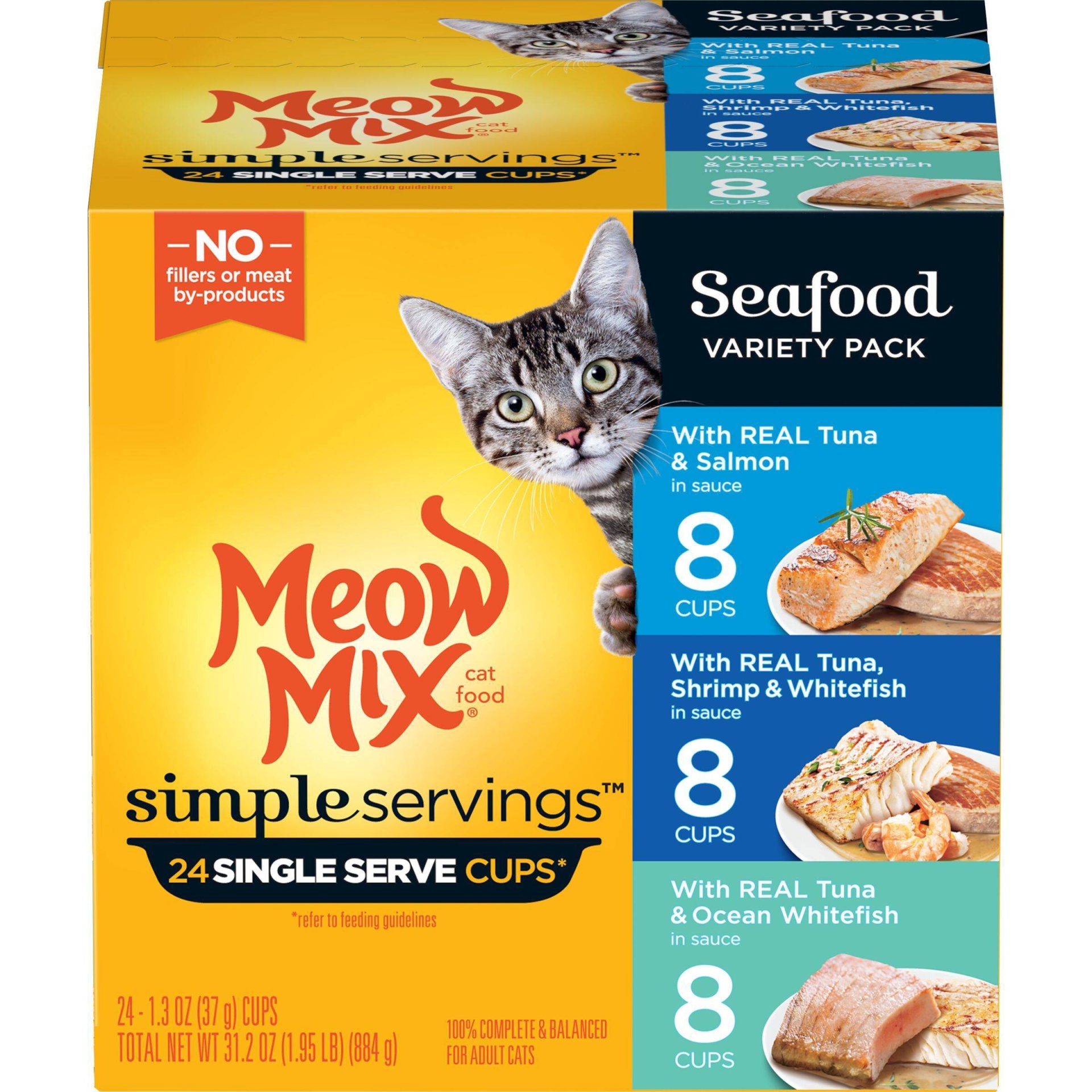 slide 1 of 8, Meow Mix Simple Servings Seafood In Sauce Wet Cat Food - 1.3oz/24ct Variety Pack, 1.3 oz, 24 ct