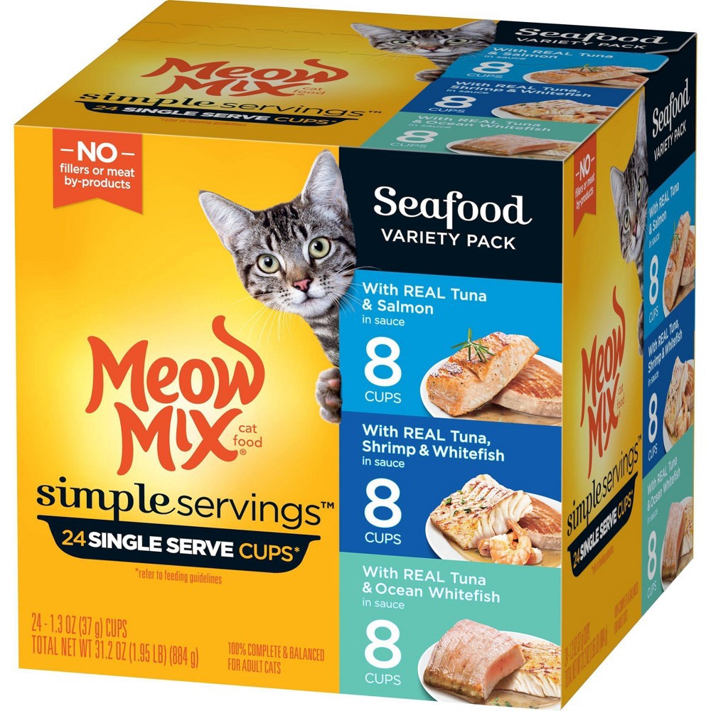 slide 4 of 8, Meow Mix Simple Servings Seafood In Sauce Wet Cat Food - 1.3oz/24ct Variety Pack, 1.3 oz, 24 ct
