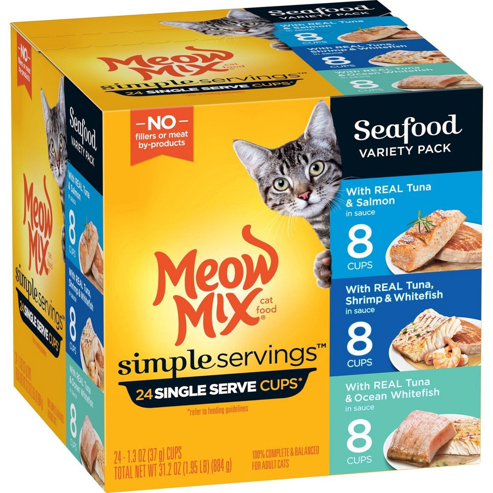 slide 6 of 8, Meow Mix Simple Servings Seafood In Sauce Wet Cat Food - 1.3oz/24ct Variety Pack, 1.3 oz, 24 ct