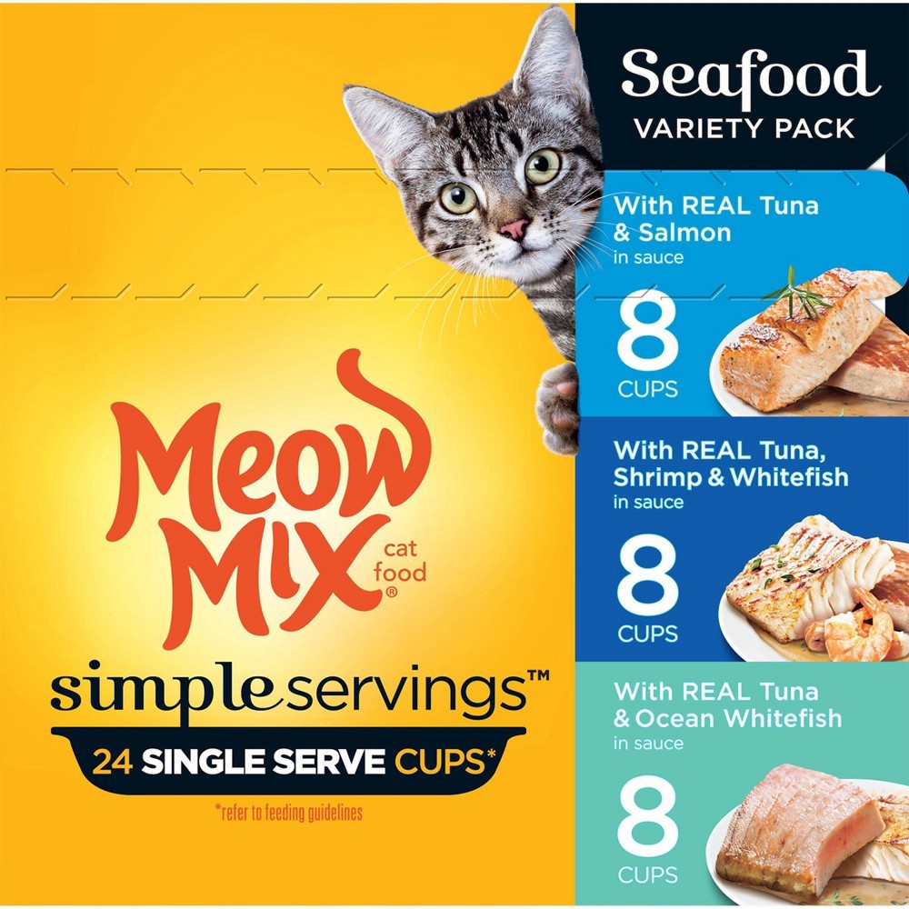 slide 7 of 8, Meow Mix Simple Servings Seafood In Sauce Wet Cat Food - 1.3oz/24ct Variety Pack, 1.3 oz, 24 ct