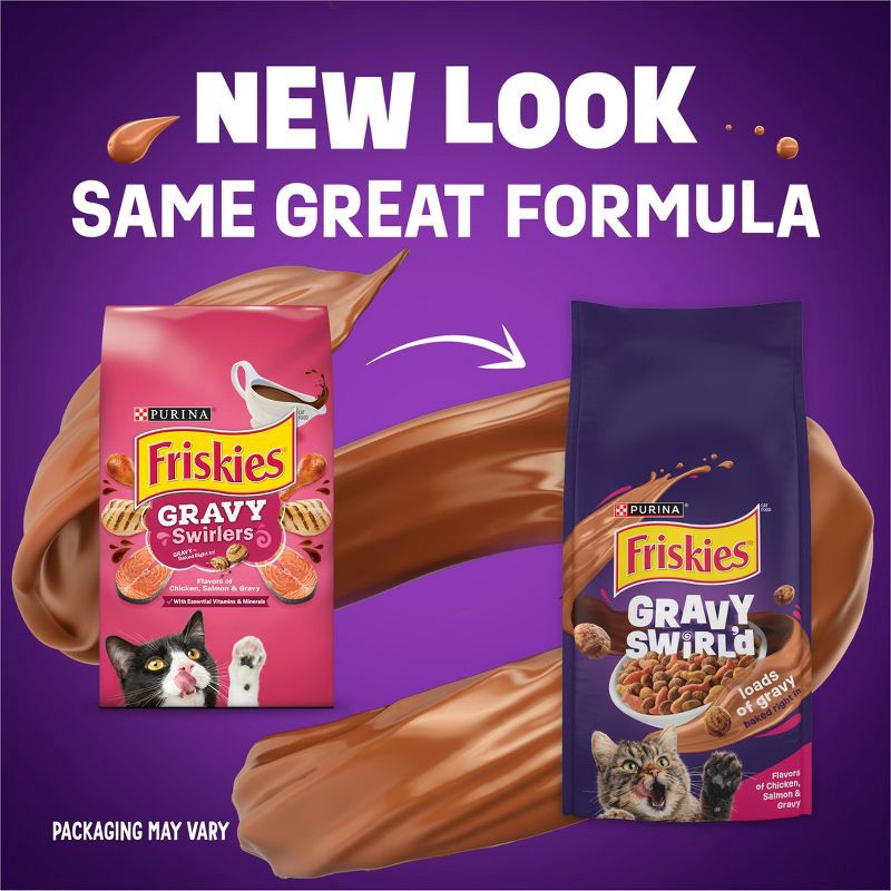 slide 3 of 14, Purina Friskies Gravy Swirlers with Flavors of Chicken, Salmon & Gravy Adult Complete & Balanced Dry Cat Food - 16lbs, 16 lb
