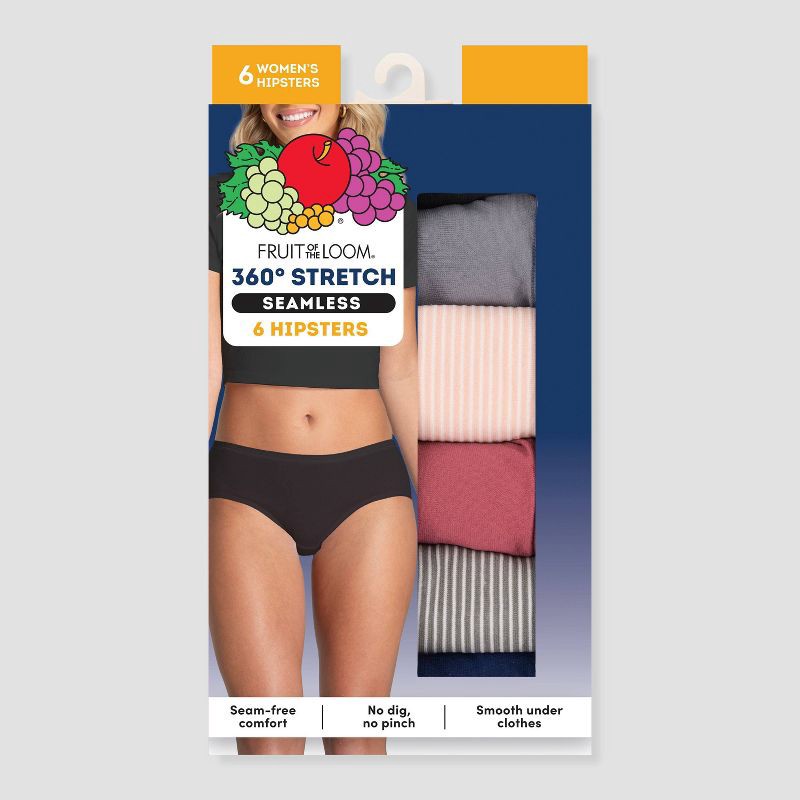 slide 6 of 6, Fruit of the Loom Women's 6pk 360 Stretch Seamless Hipster Underwear - Colors may vary 9: Mid Rise, Tagless, 6 ct