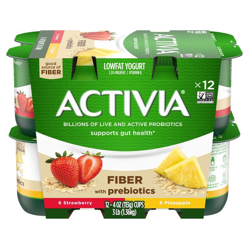 slide 2 of 10, DANNON Activia Low Fat Fiber Probiotic Strawberry & Pineapple Yogurt Variety Pack - 12ct/4oz Cups, 12 ct; 4 oz