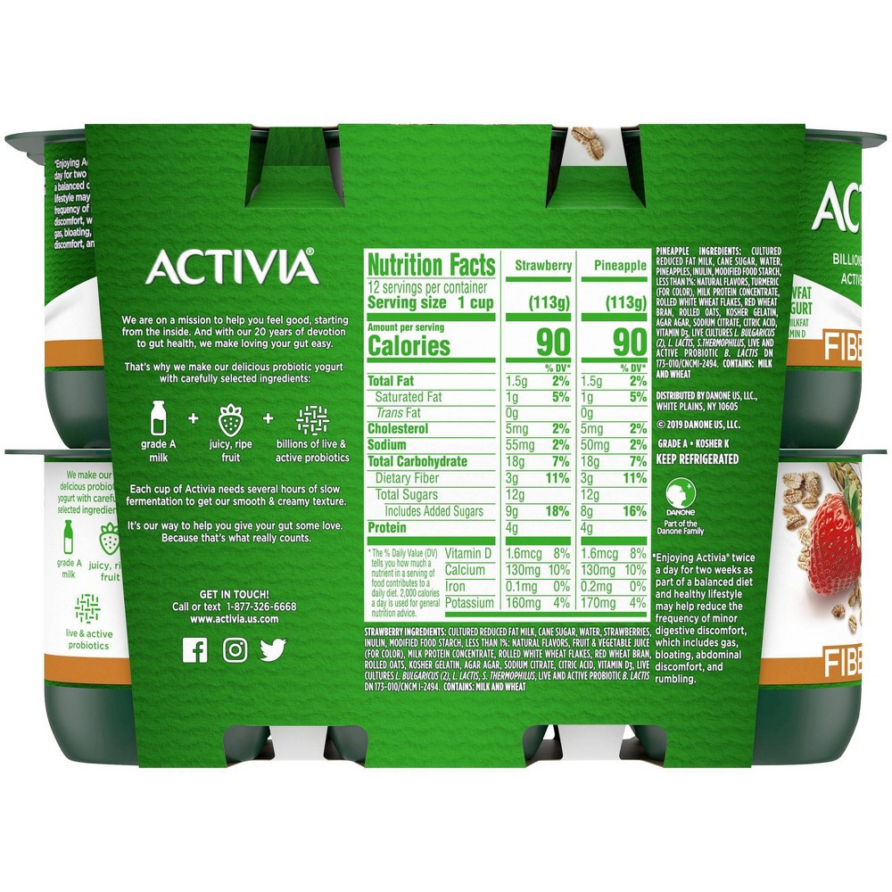 slide 2 of 6, DANNON Activia Low Fat Fiber Probiotic Strawberry & Pineapple Yogurt Variety Pack - 12ct/4oz Cups, 12 ct; 4 oz