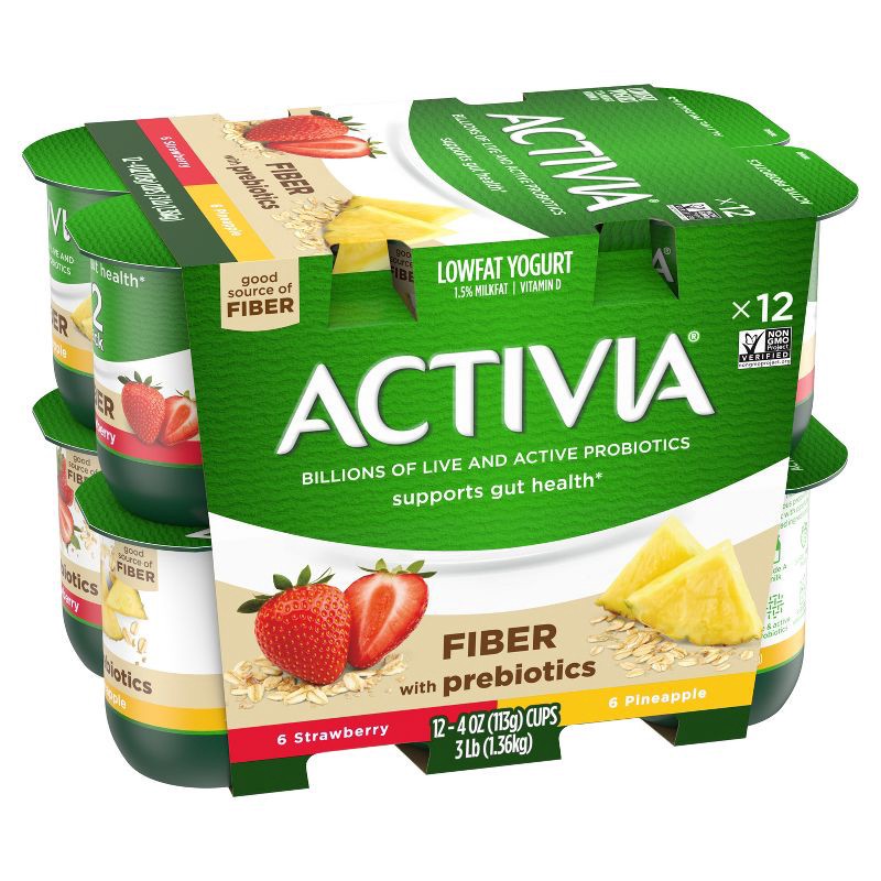 slide 3 of 10, DANNON Activia Low Fat Fiber Probiotic Strawberry & Pineapple Yogurt Variety Pack - 12ct/4oz Cups, 12 ct; 4 oz