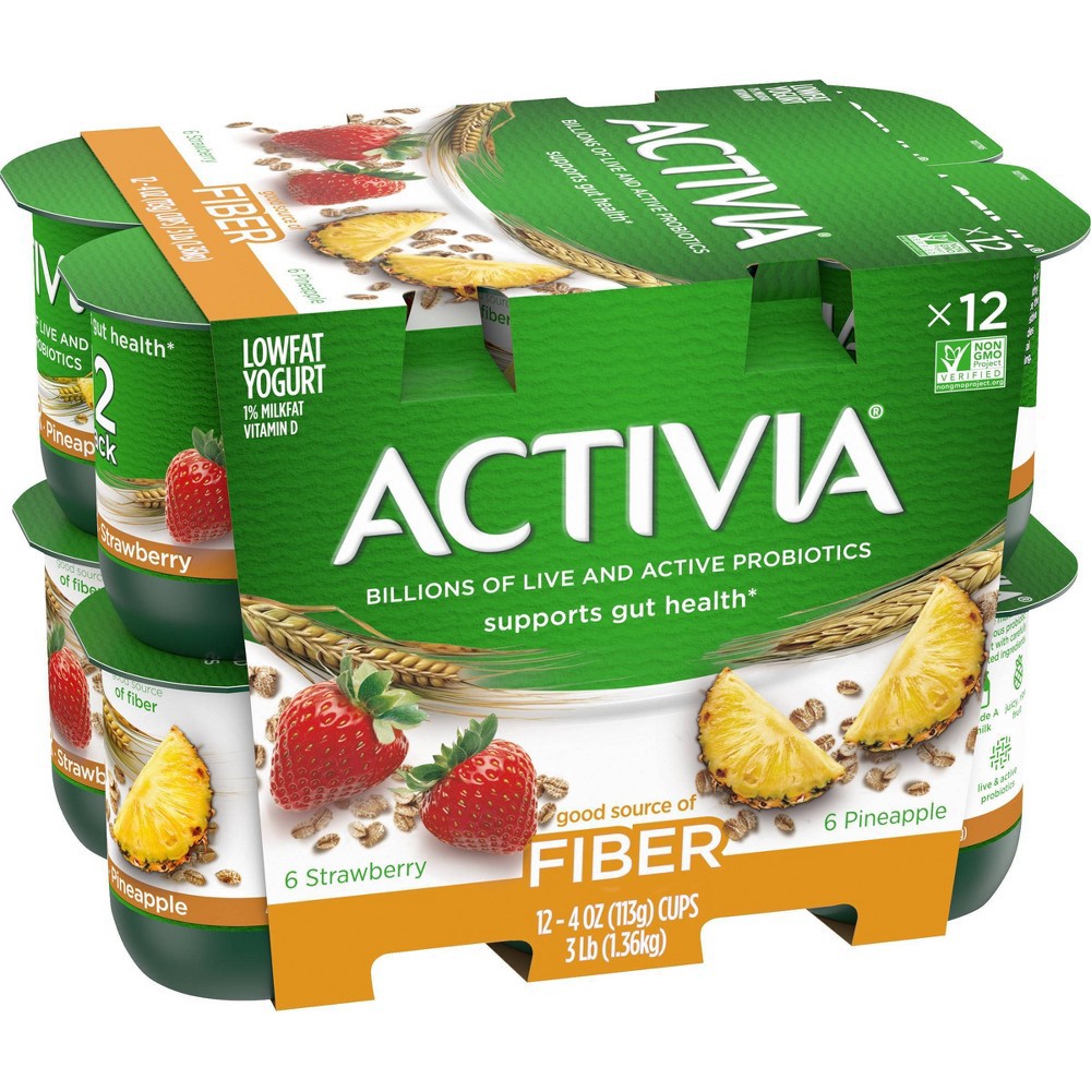 slide 3 of 6, DANNON Activia Low Fat Fiber Probiotic Strawberry & Pineapple Yogurt Variety Pack - 12ct/4oz Cups, 12 ct; 4 oz