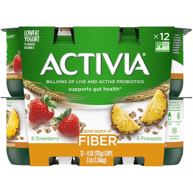 slide 3 of 7, DANNON Activia Low Fat Fiber Probiotic Strawberry & Pineapple Yogurt Variety Pack - 12ct/4oz Cups, 12 ct; 4 oz