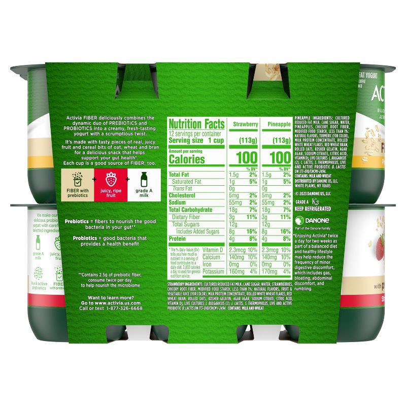 slide 4 of 10, DANNON Activia Low Fat Fiber Probiotic Strawberry & Pineapple Yogurt Variety Pack - 12ct/4oz Cups, 12 ct; 4 oz