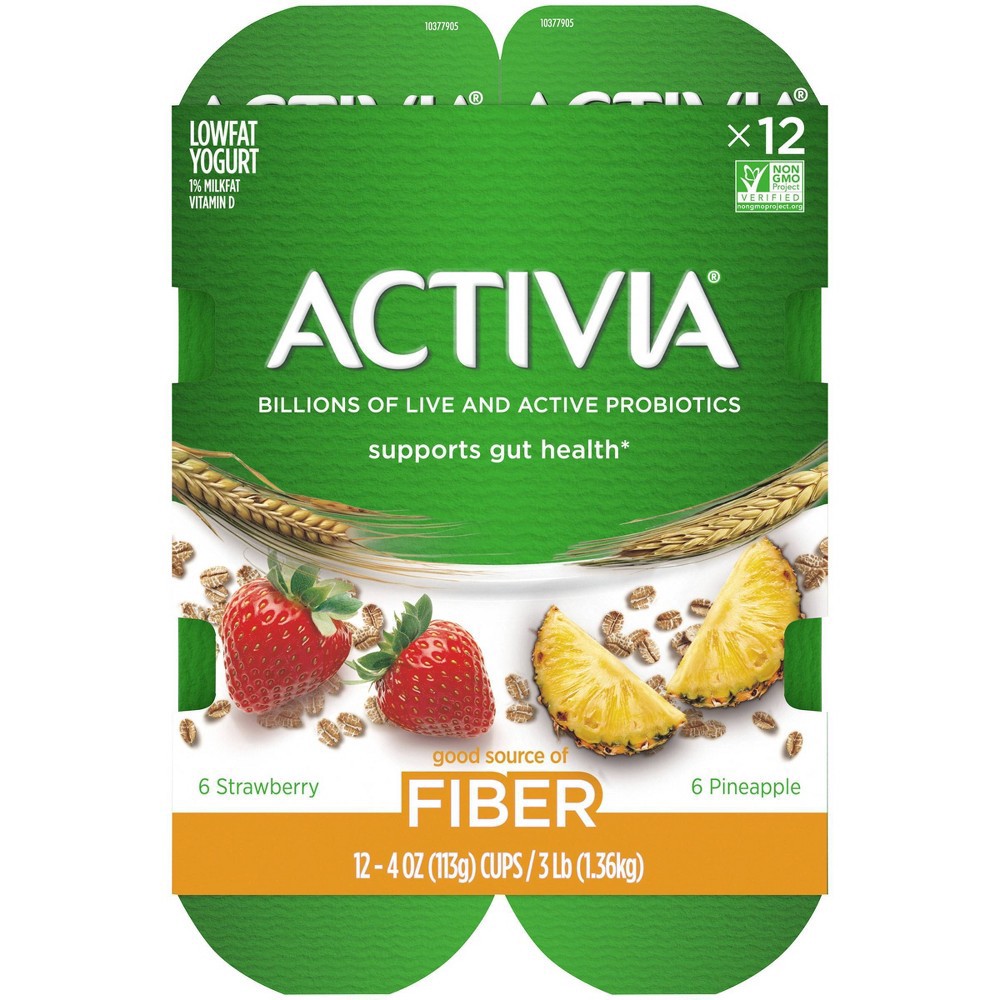 slide 6 of 6, DANNON Activia Low Fat Fiber Probiotic Strawberry & Pineapple Yogurt Variety Pack - 12ct/4oz Cups, 12 ct; 4 oz